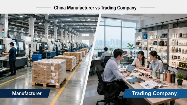 China manufacturer vs trading company comparison showing factory production and sourcing office operations
