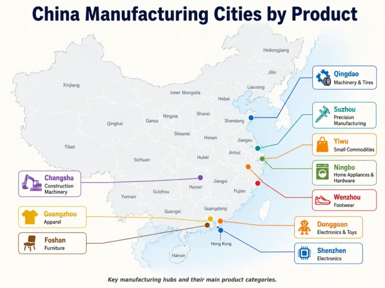 China manufacturing cities by product map showing major sourcing hubs for electronics, furniture, textiles, lighting, small commodities, toys, footwear, and machinery.
