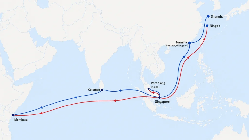 Sea freight routes from major Chinese ports to Mombasa, Kenya.