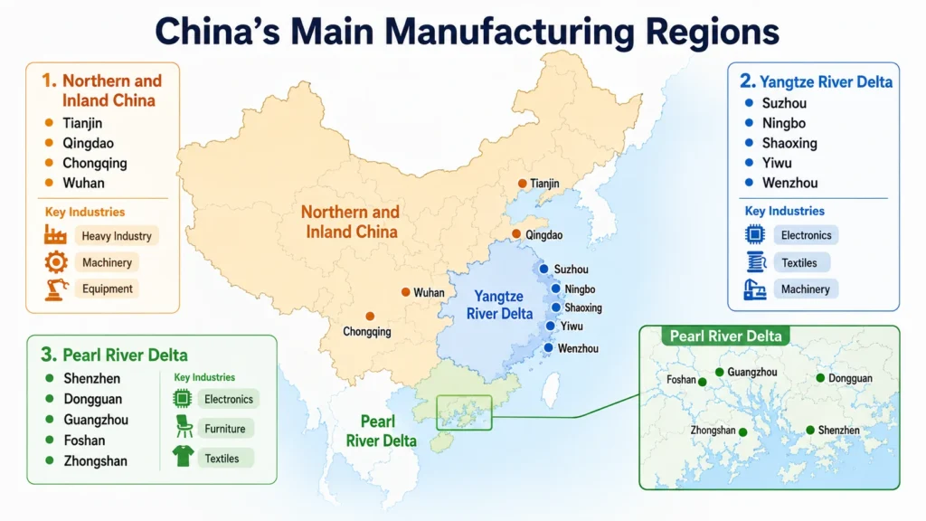Map of China’s main manufacturing regions, showing the Pearl River Delta, Yangtze River Delta, and northern and inland China with key cities and industries.