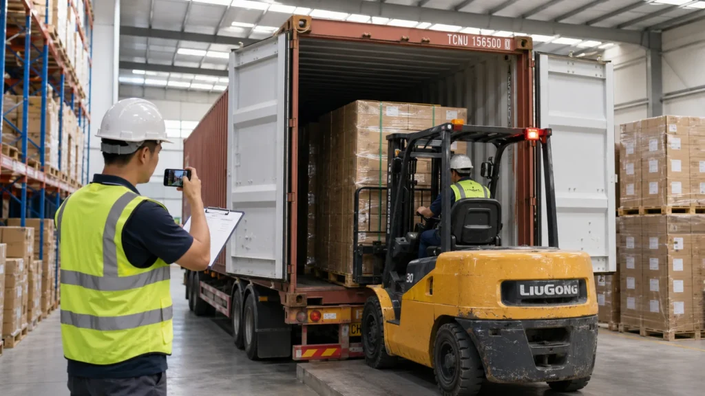 Container loading inspection verifying carton quantity, container condition, and loading process before shipment.