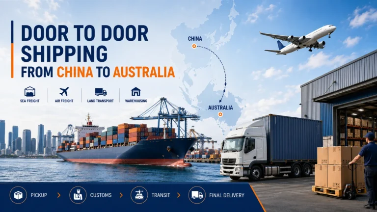 Door to door shipping from China to Australia by sea freight, air freight, and local truck delivery.