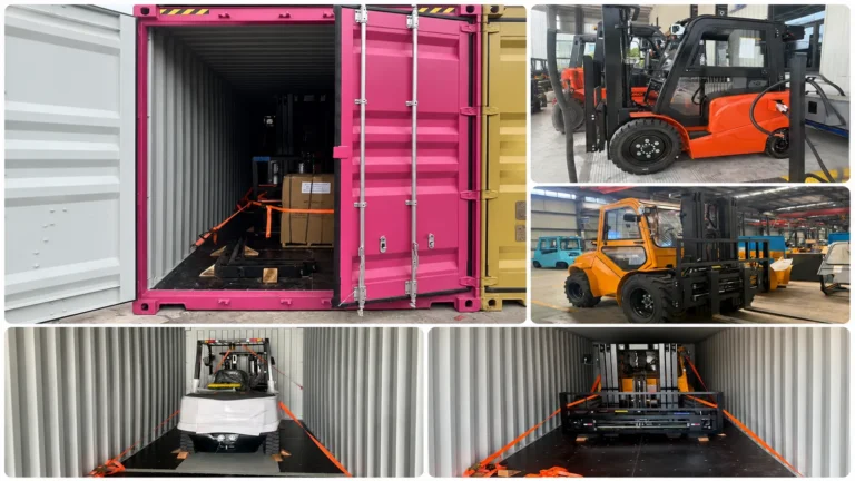 Forklift trucks loaded and secured in a 40ft container for sea freight from Shanghai to Le Havre