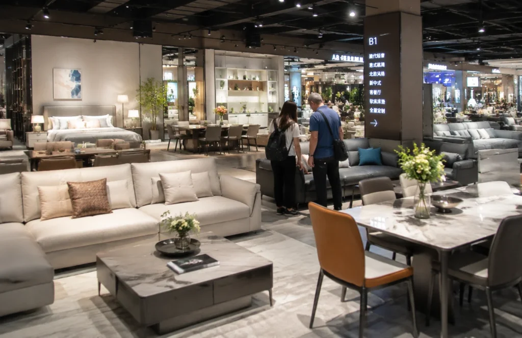 International buyers viewing sofas and home furniture in a Foshan furniture city showroom.