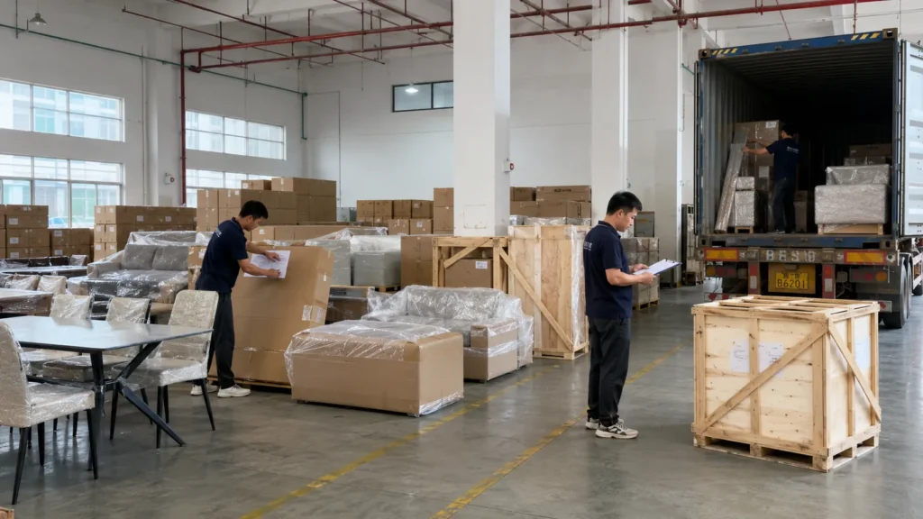 Workers consolidating and preparing packed furniture for overseas shipping in a Foshan warehouse.
