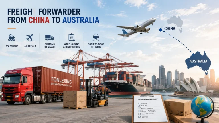 A freight forwarder managing shipping from China to Australia by sea freight, air freight, and door-to-door delivery.
