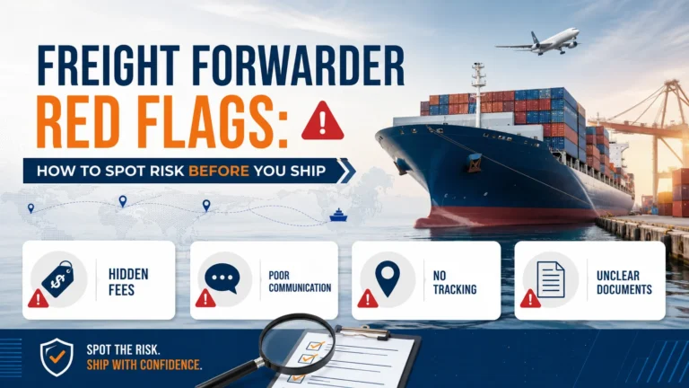 Freight forwarder red flags checklist showing hidden fees, poor communication, weak customs knowledge, and shipment tracking risks before international shipping.