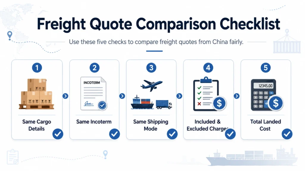 Freight quote comparison checklist showing five key steps for comparing shipping quotes from China
