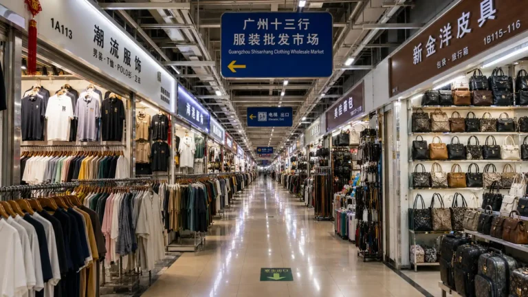 Guangzhou wholesale clothing market interior with apparel stalls and bags displayed for international buyers