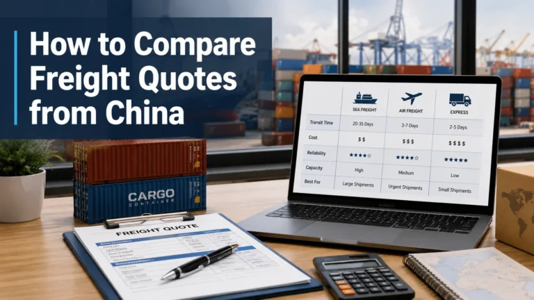 Freight quote comparison document on a desk showing shipping cost details from China