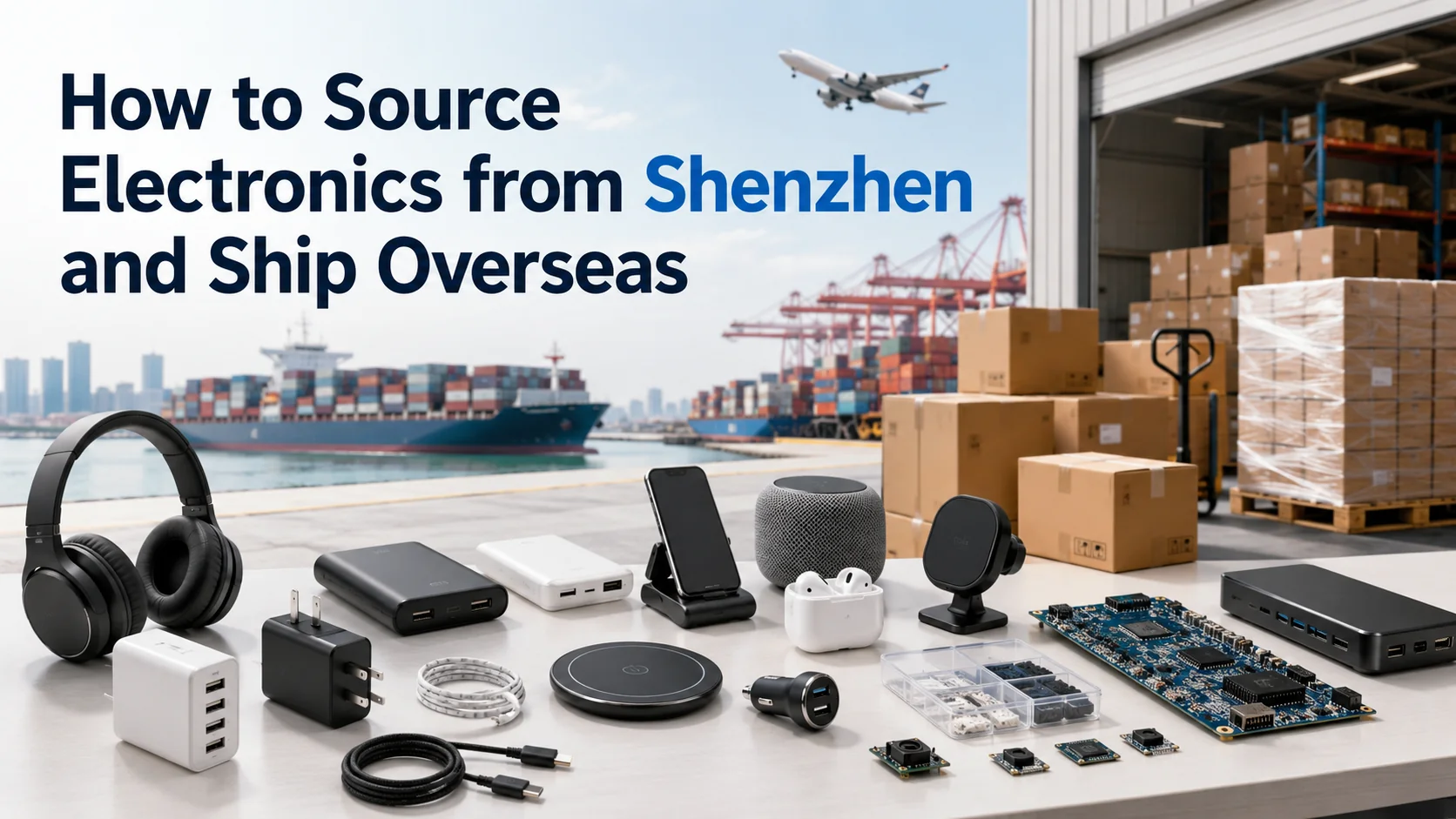 Electronics sourcing and shipping from Shenzhen with circuit boards, electronic products, packaging boxes, and a Shenzhen port background