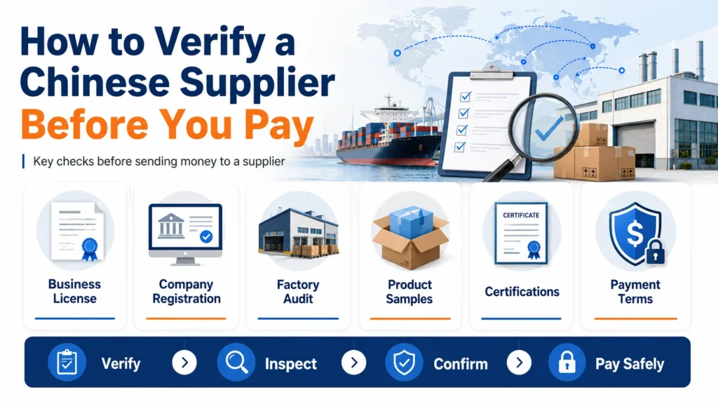 How to verify a Chinese supplier before you pay, including business license checks, company registration, bank account matching, factory audit, and red flags.