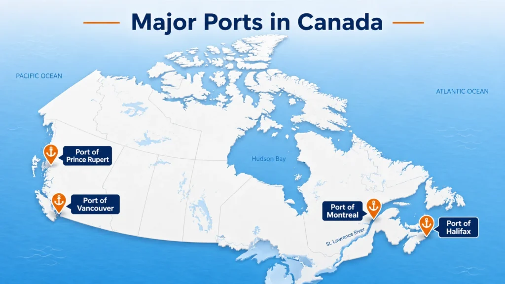 Map showing the Port of Vancouver, Port of Prince Rupert, Port of Montreal, and Port of Halifax in Canada.