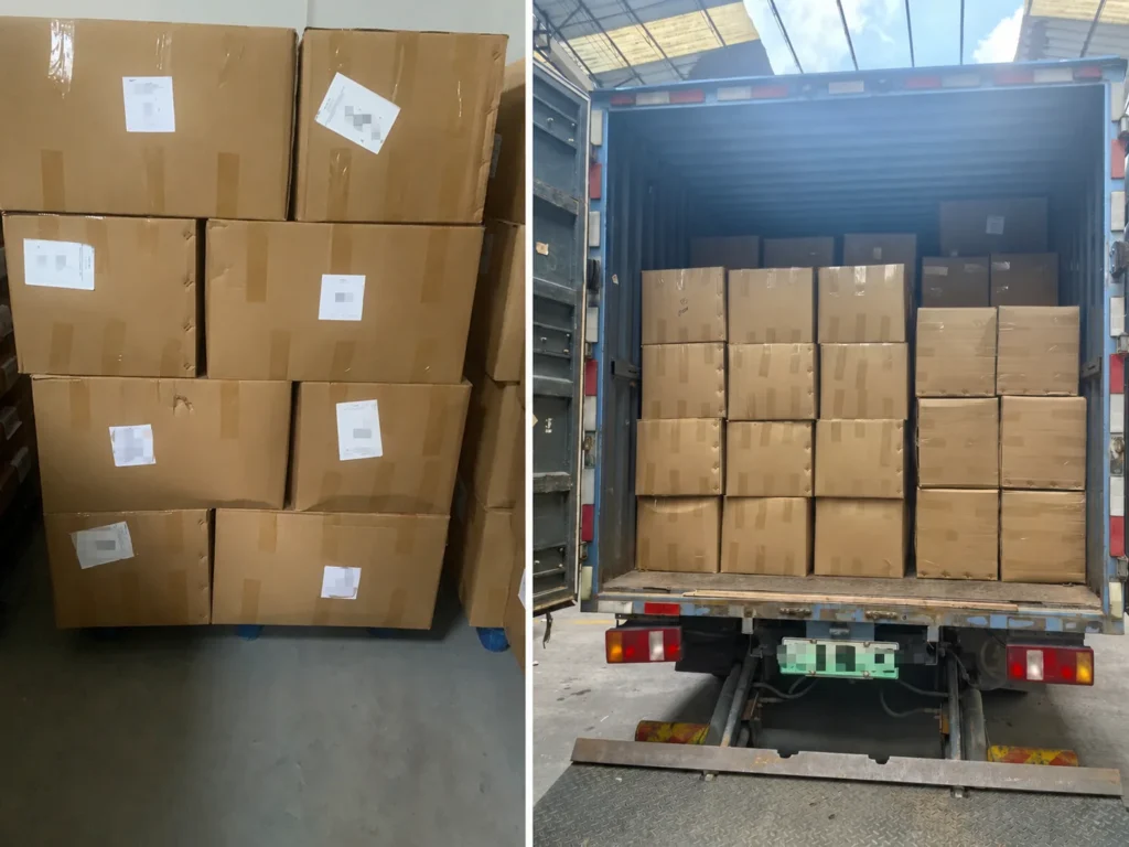 Mesh bags packed in cartons before container loading for sea freight shipping from Shenzhen to Mexico.