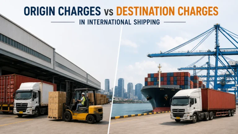 Origin charges vs destination charges in international shipping, showing trucks and containers at a port terminal.