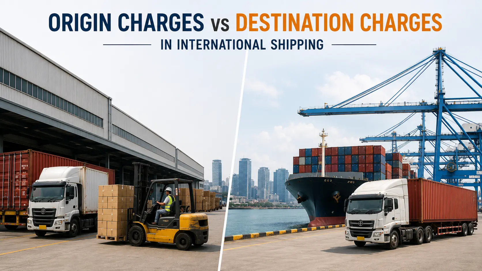 Origin charges vs destination charges in international shipping, showing trucks and containers at a port terminal.