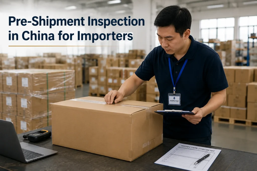 A quality inspector checking a packed carton during a pre-shipment inspection in China.