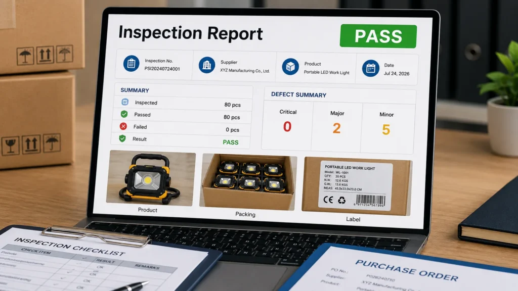 A pre-shipment inspection report showing a pass result, defect summary, product photos, packaging, and labeling checks.