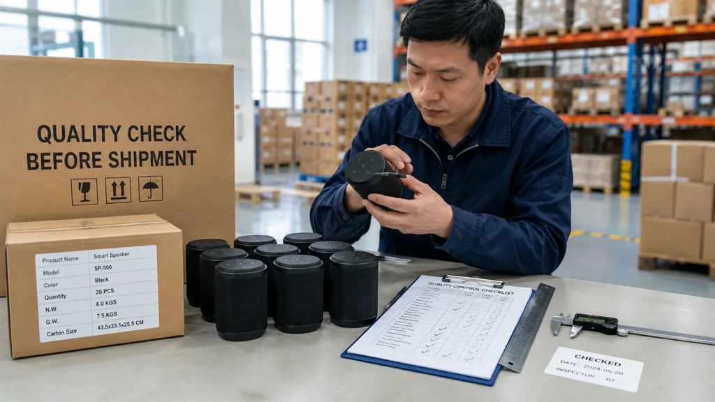 Product inspection before shipment checking product quality, specifications, labels, and packaging.