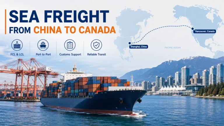 Sea freight from China to Canada with container ship, port cranes, and Shanghai-to-Vancouver shipping route