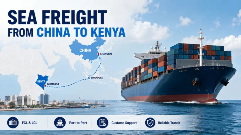 Container ship carrying sea freight from China to Kenya.