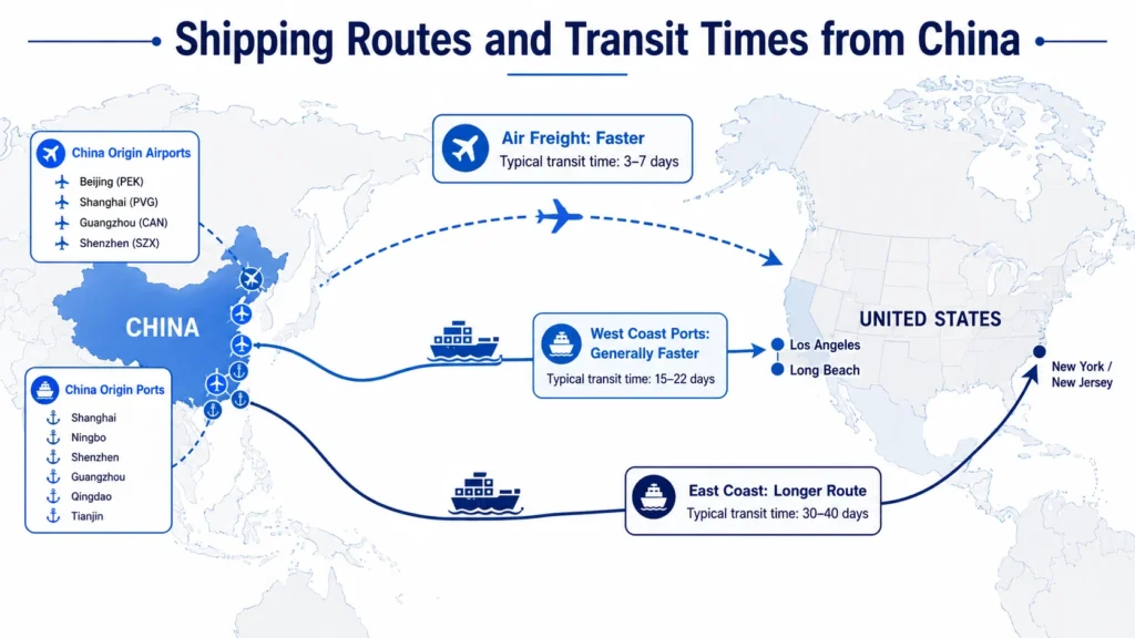 Map infographic showing shipping routes and transit times from China to the United States by air freight and ocean freight.