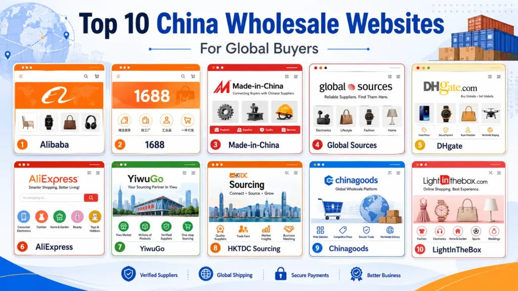 Top 10 China wholesale websites for global buyers, including Alibaba, 1688, Made-in-China, Global Sources, DHgate, AliExpress, YiwuGo, HKTDC Sourcing, Chinagoods, and LightInTheBox.