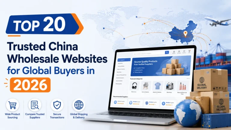 Top 20 trusted China wholesale websites for global buyers in 2026, featuring online sourcing platforms and international shipping elements.