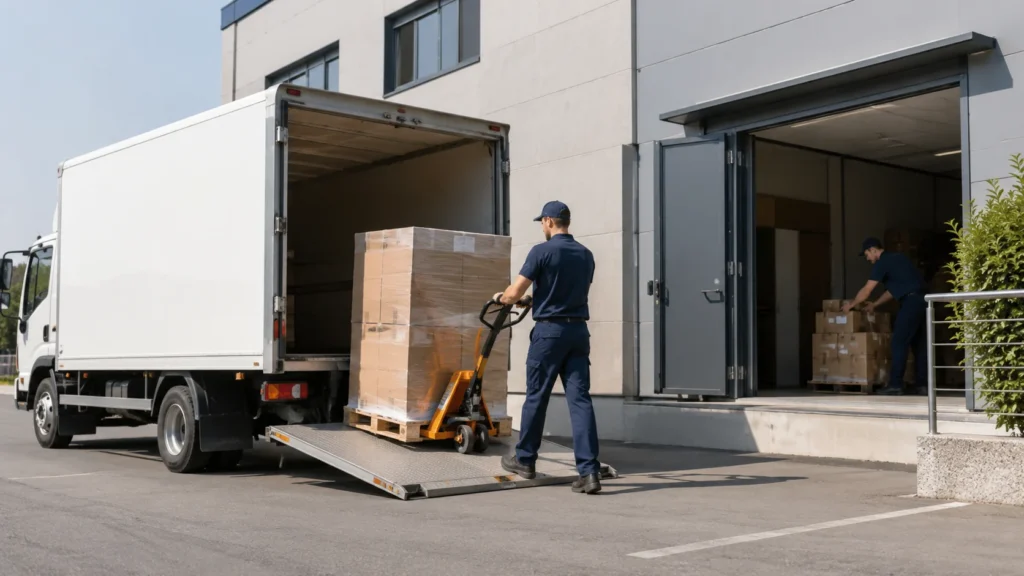 Door-to-door delivery truck unloading cargo for shipments from China to Australia.
