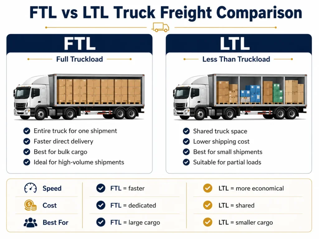 FTL vs LTL truck freight comparison showing full truckload and less than truckload shipping options