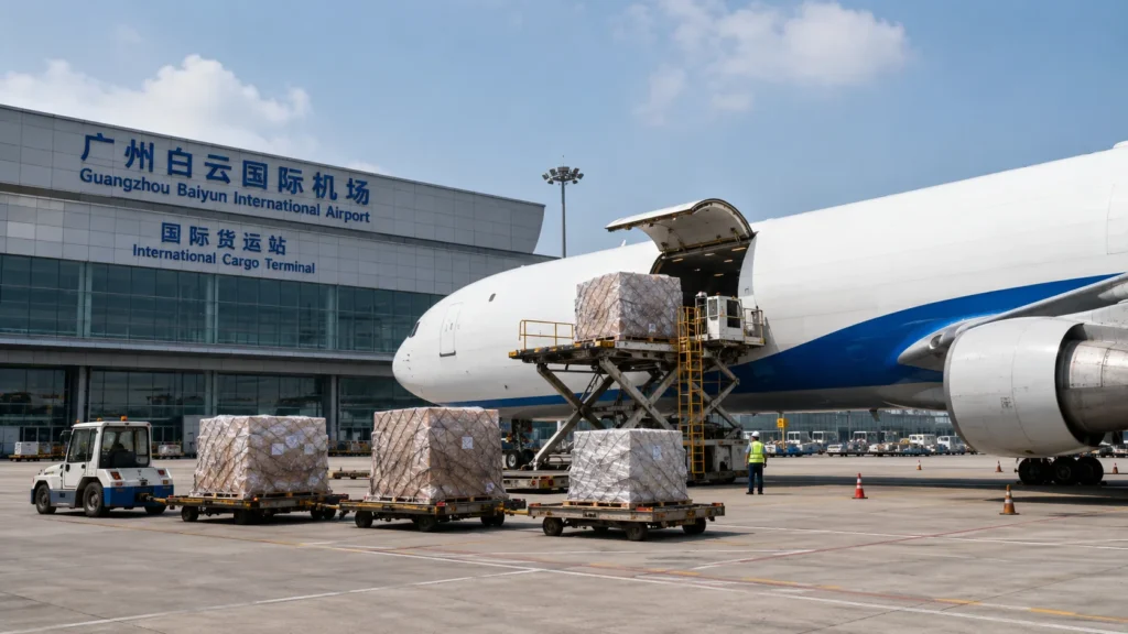 Air cargo handling at Guangzhou Baiyun International Airport for international freight shipments.