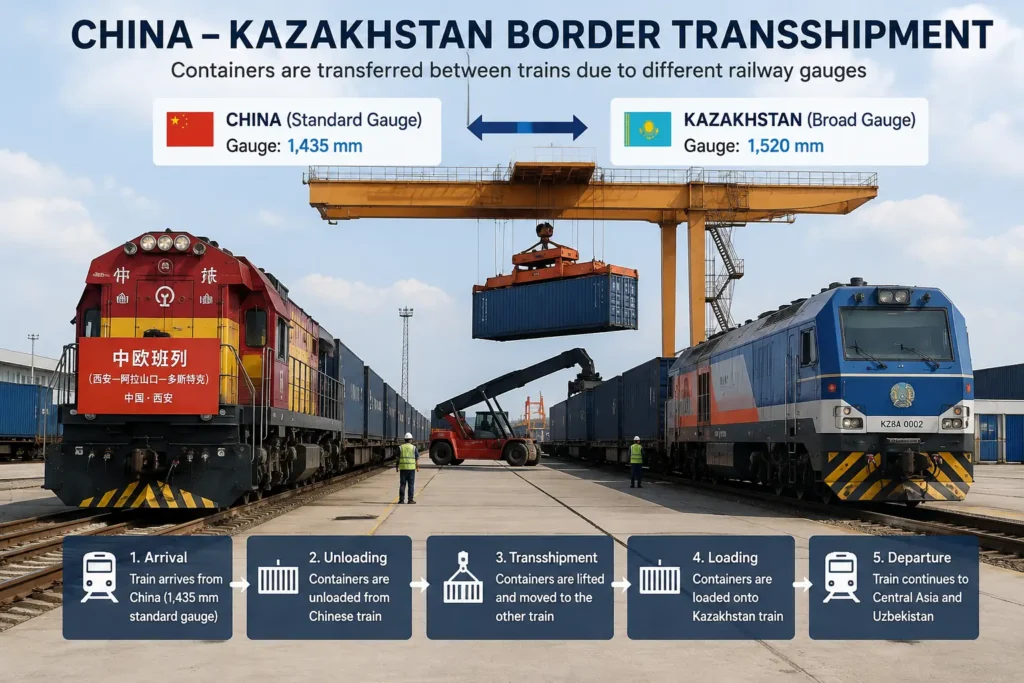 China–Kazakhstan border transshipment for rail freight to Uzbekistan