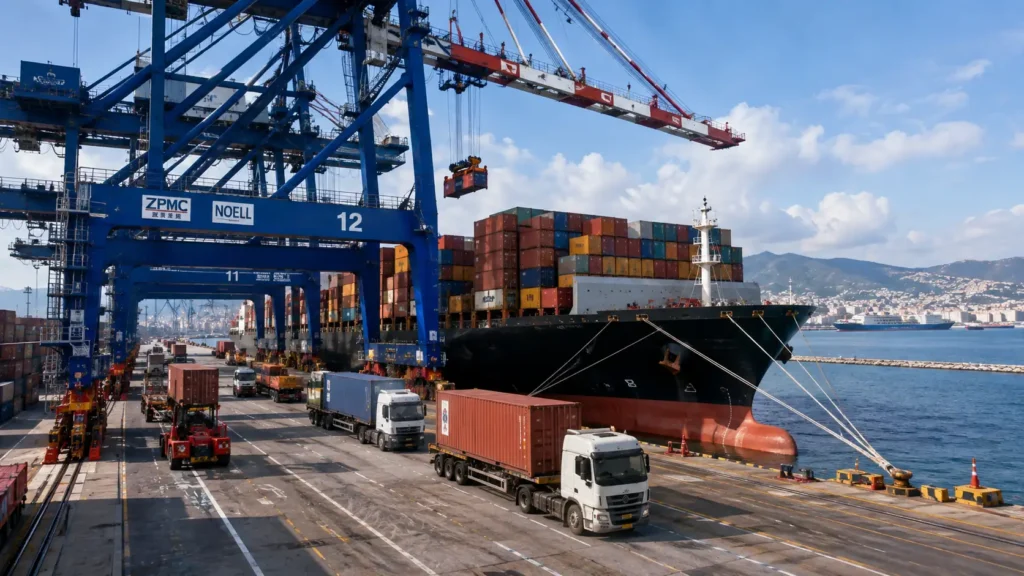 Container ship and port operations for sea freight from China to Italy