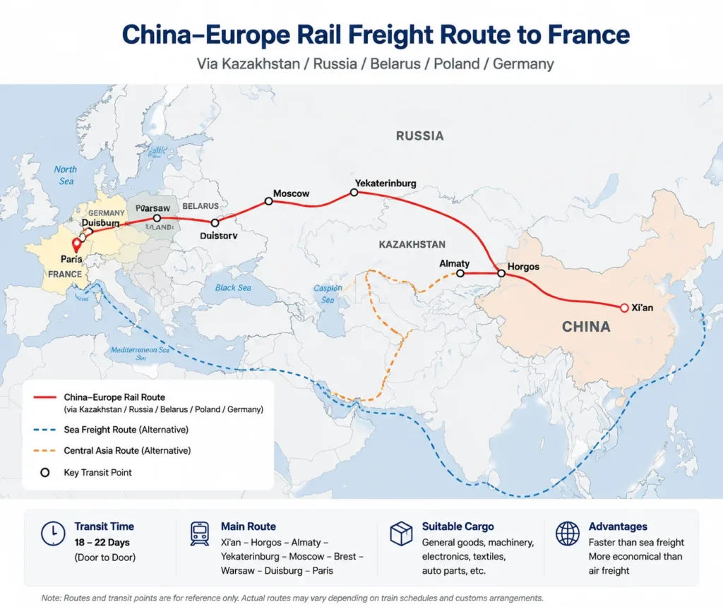 China-Europe rail routes from China to France showing Northern Corridor and Middle Corridor