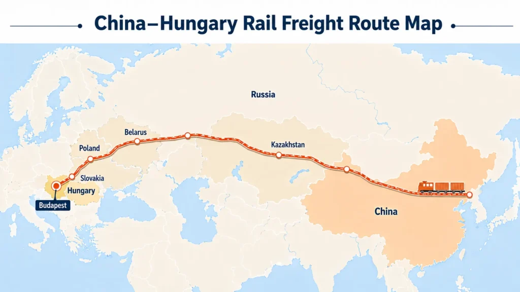China–Hungary rail freight route map showing the overland rail corridor from China to Budapest through Kazakhstan, Russia, Belarus, Poland, and Slovakia.