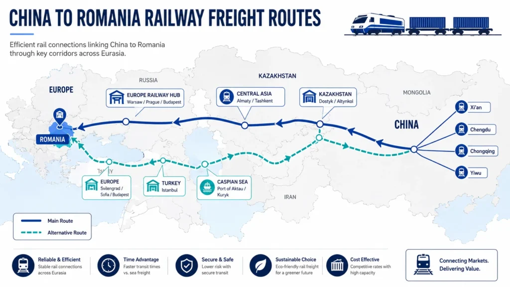 China to Romania railway freight routes map showing main and alternative rail corridors across Eurasia