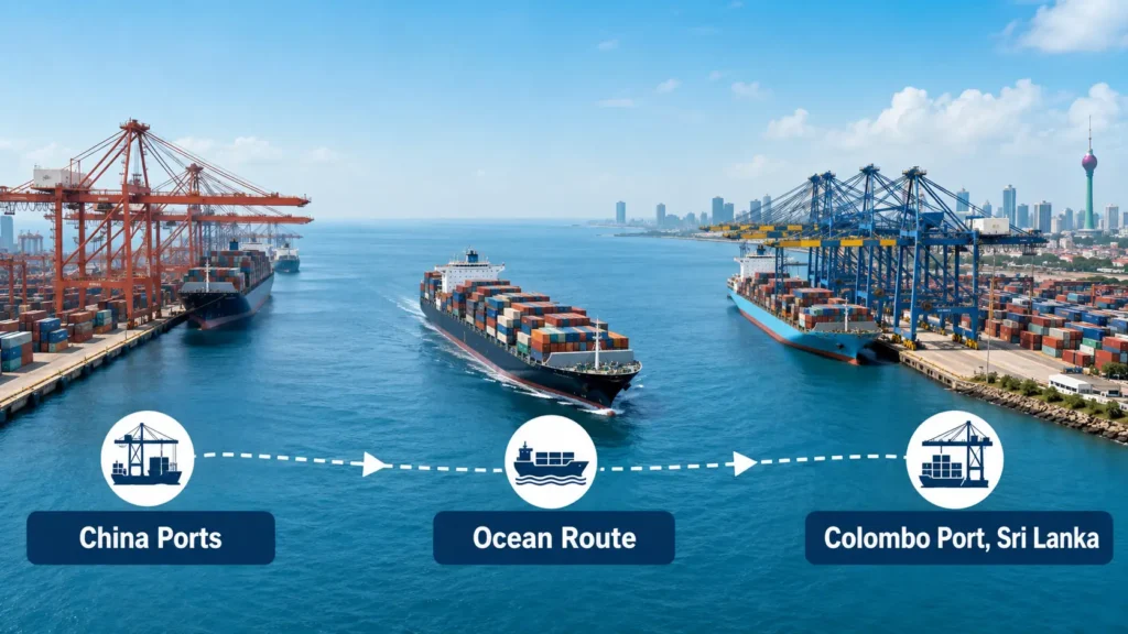 China to Sri Lanka sea freight route illustration showing ocean shipping connection