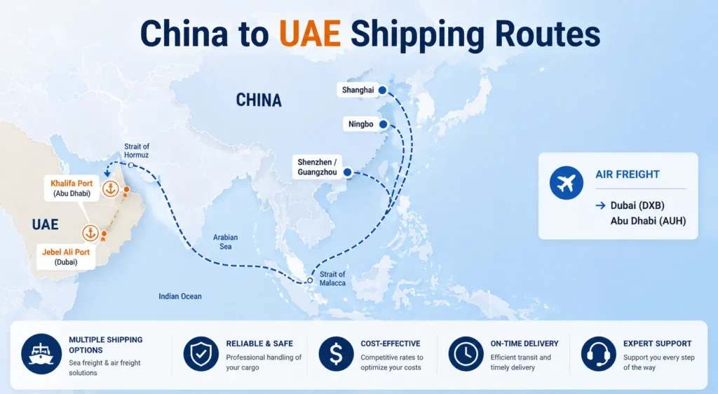 China to UAE shipping routes via Jebel Ali Port and Khalifa Port