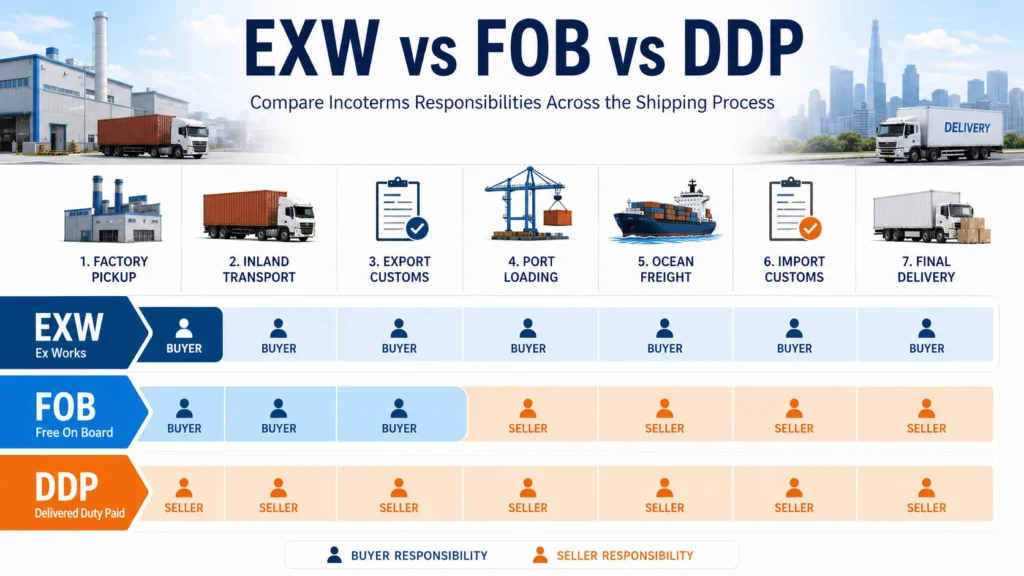 EXW vs FOB vs DDP responsibility and risk transfer comparison