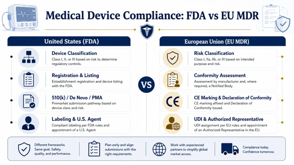 Medical device compliance comparison between FDA requirements in the United States and EU MDR requirements in the European Union