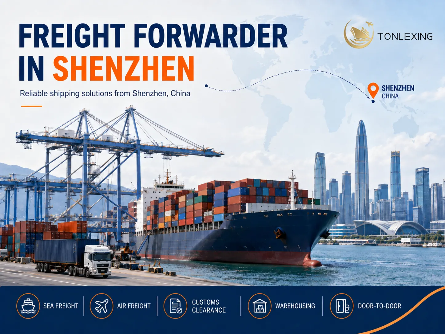 Freight forwarder in Shenzhen with container ship, port cranes, air freight, customs clearance, warehousing and door-to-door shipping services