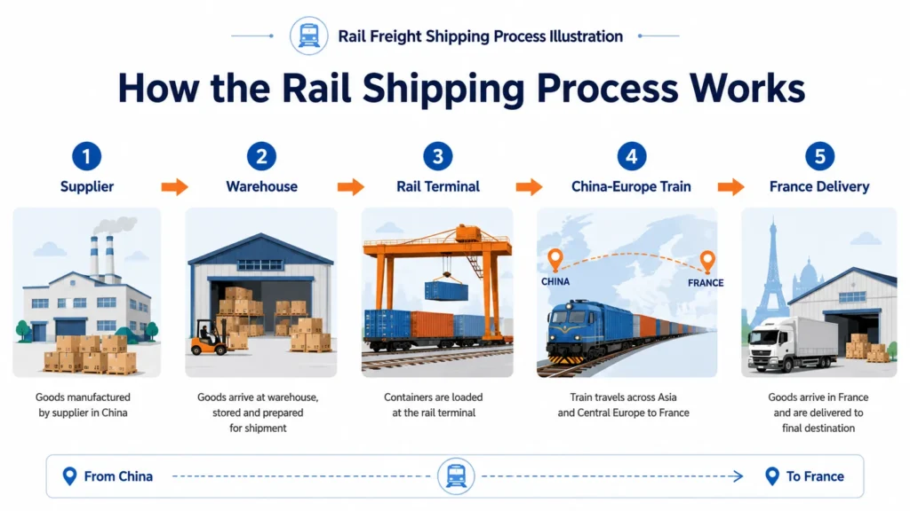 Rail shipping process from China to France showing cargo pickup, customs clearance, rail transport and final delivery steps
