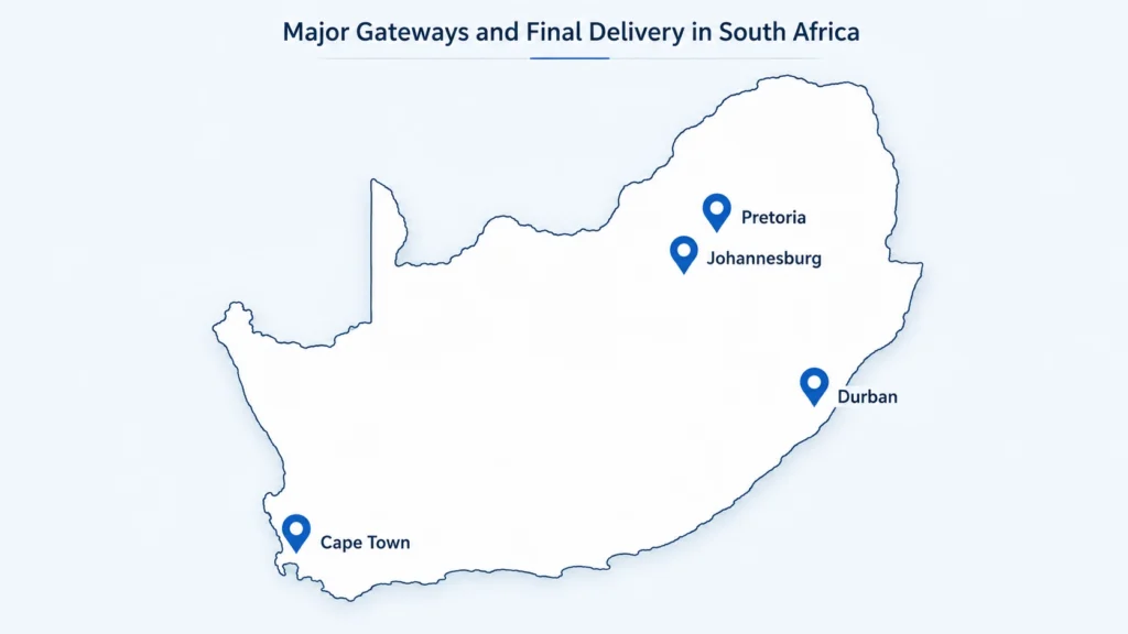 Map of South Africa showing Durban, Johannesburg, Cape Town, and Pretoria as major logistics gateways and final delivery points.
