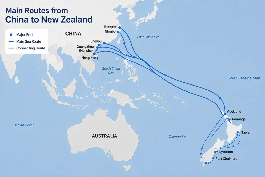 Main shipping routes from China to New Zealand