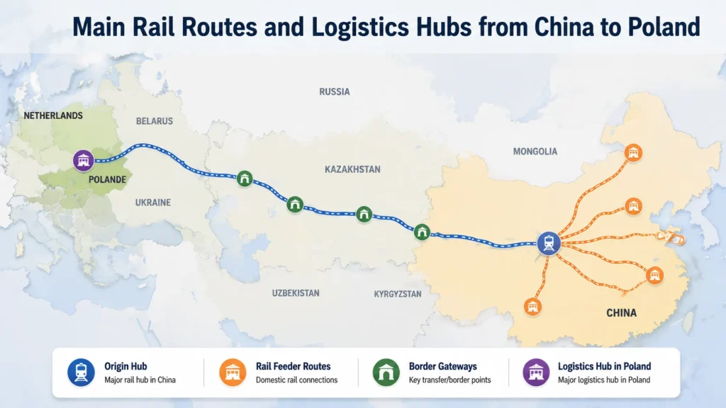China-Europe rail routes and logistics hubs from China to Poland