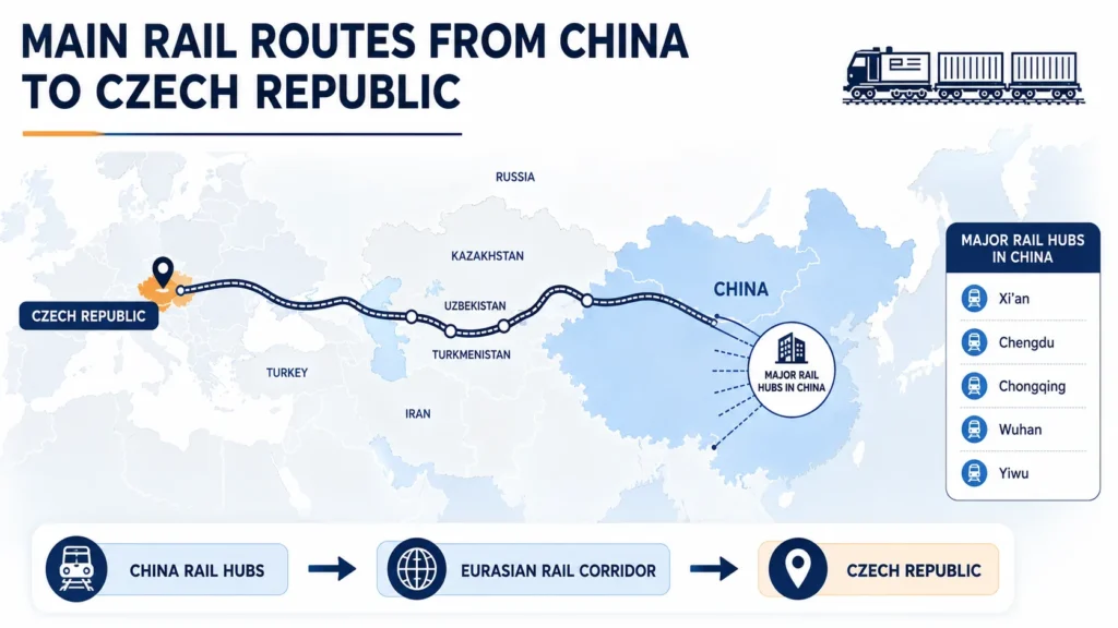 Main rail routes from China to Czech Republic via the China-Europe Railway Express