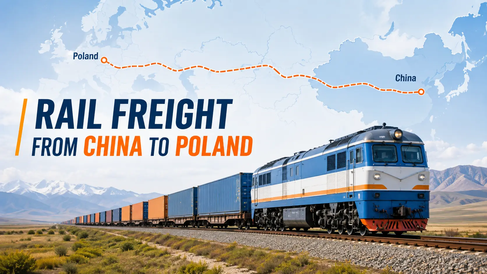 Rail freight train transporting cargo from China to Poland