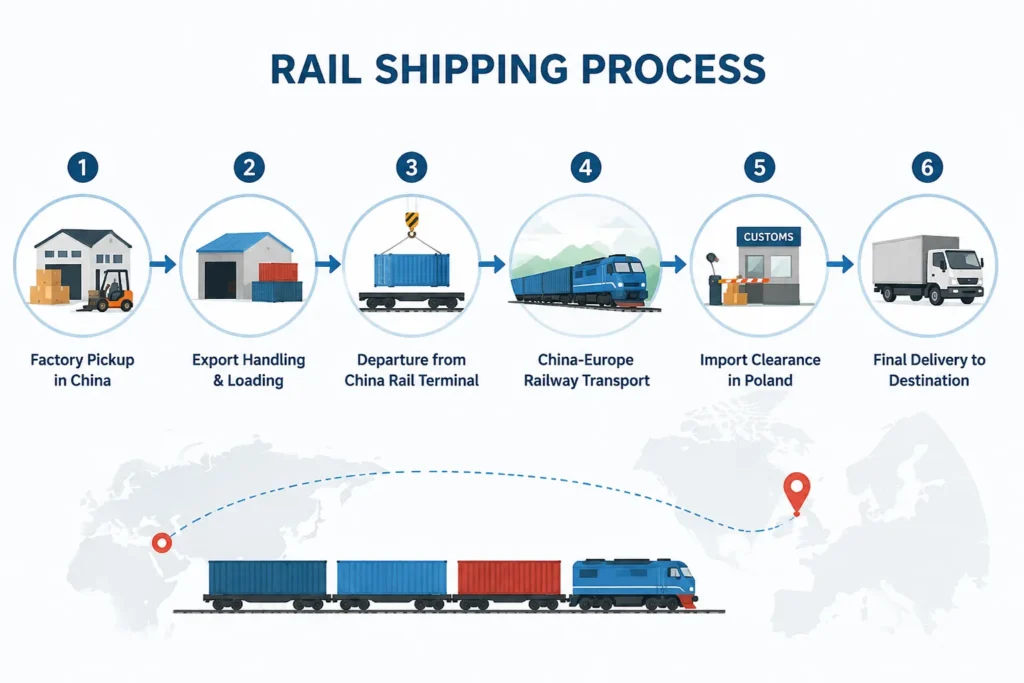 Rail shipping process from China to Poland with cargo transportation steps