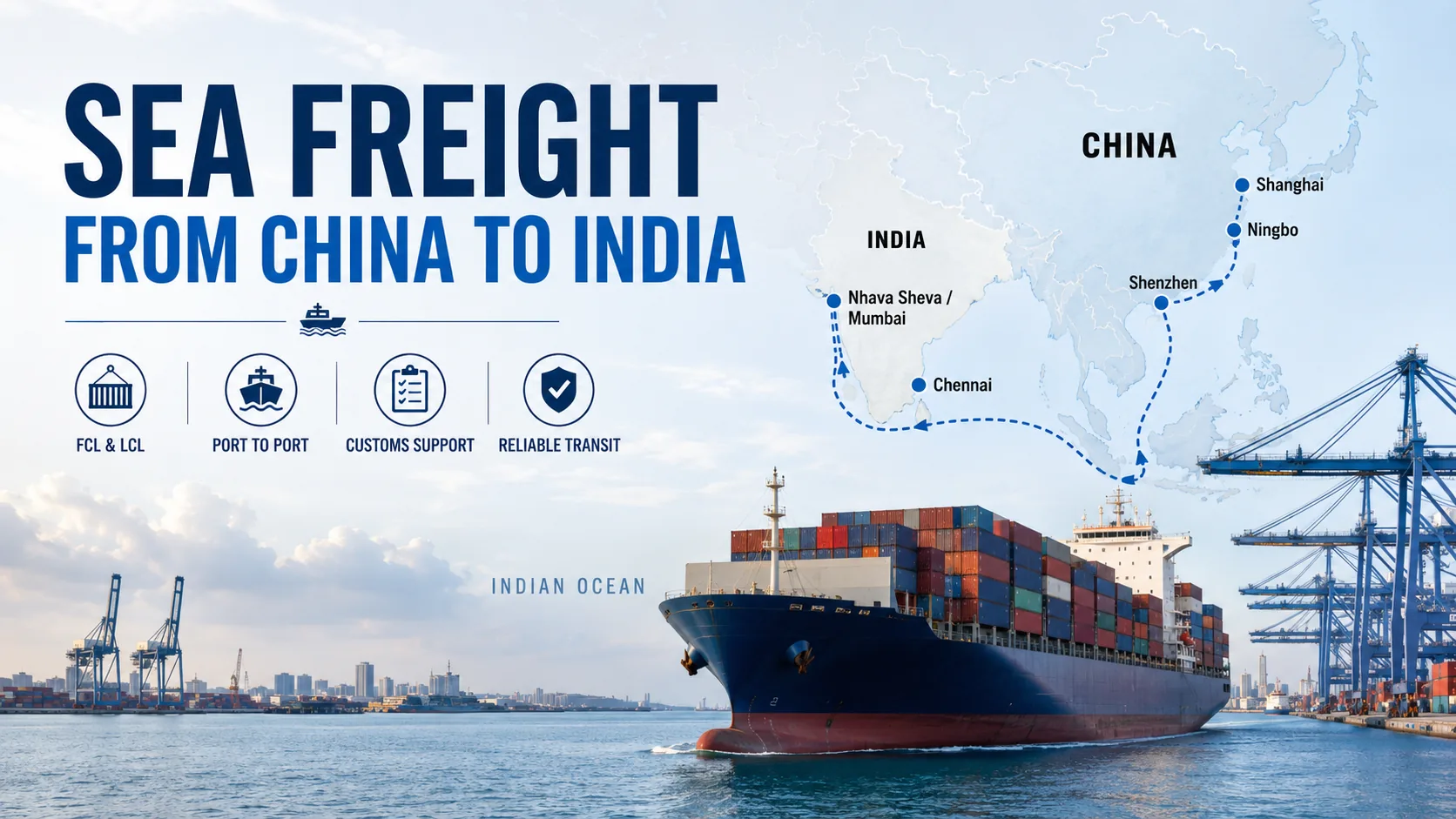 Sea freight from China to India with container ship and major shipping routes