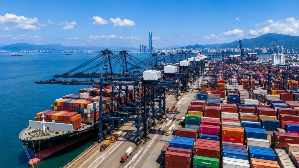 Shenzhen Port and Yantian container terminal with cargo ships and container cranes